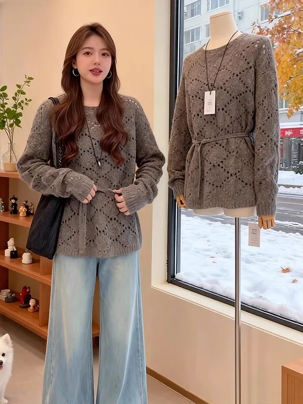 

plus Size Grey Long Hollow out Knitted Sweater Women's Spring Early Season New Style Long Sleeve Slimming Top Korean Style