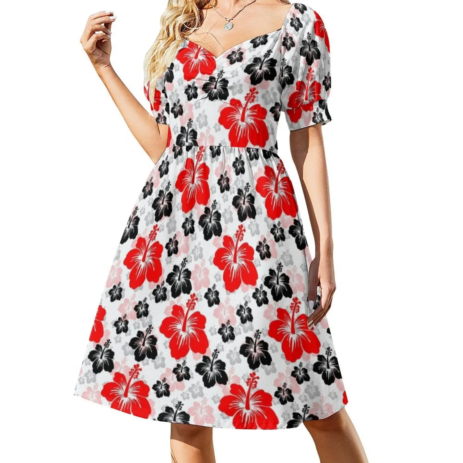 أحمر أسود مجردة الأزهار سطح نمط مثير عطلة فستان للنساء شاطئ حفلة عيد ميلاد فستان قصير زهرة سوداء حمراء #2