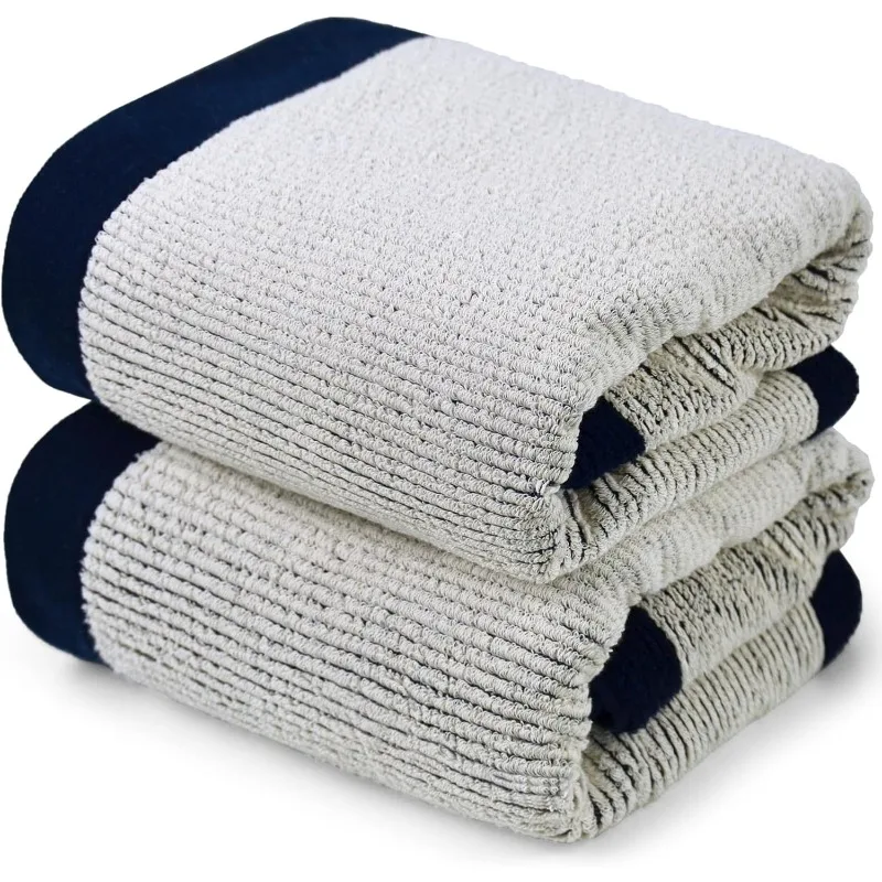 Fluffy Bath Towels for Bathroom, Shower Towel Set of 2, Jacquard Weaved Soft Cotton Cloths Navy-Blue, 54 by 28 Inches