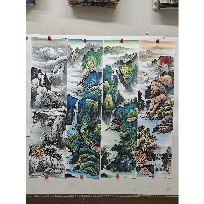 100% Hand Painted Chinese Four Seasons Landscape Painting Set Four Panels Rice Paper Artwork Unsigned Unframed Wall Decor