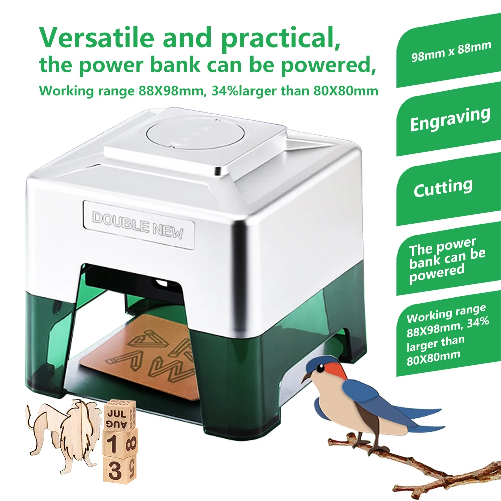 Мини-лазерный гравер 3 Вт, портативный логотип, текстовый узор, принтер для меток для домашних животных, деревообработка, деревообрабатывающий лазерный гравировальный станок, рабочая зона 98x88 мм