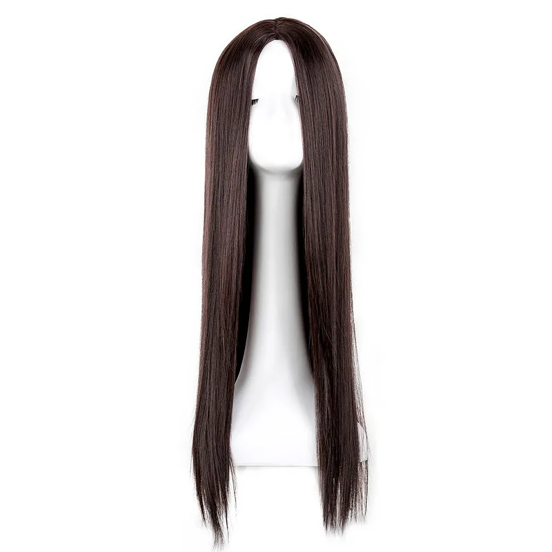 Czarne włosy syntetyczne włókno termoodporne prosto Hairpiece środkowa część kostium Cos-play Perruque Party Salon kobiet Hairsets — zdjęcie 2