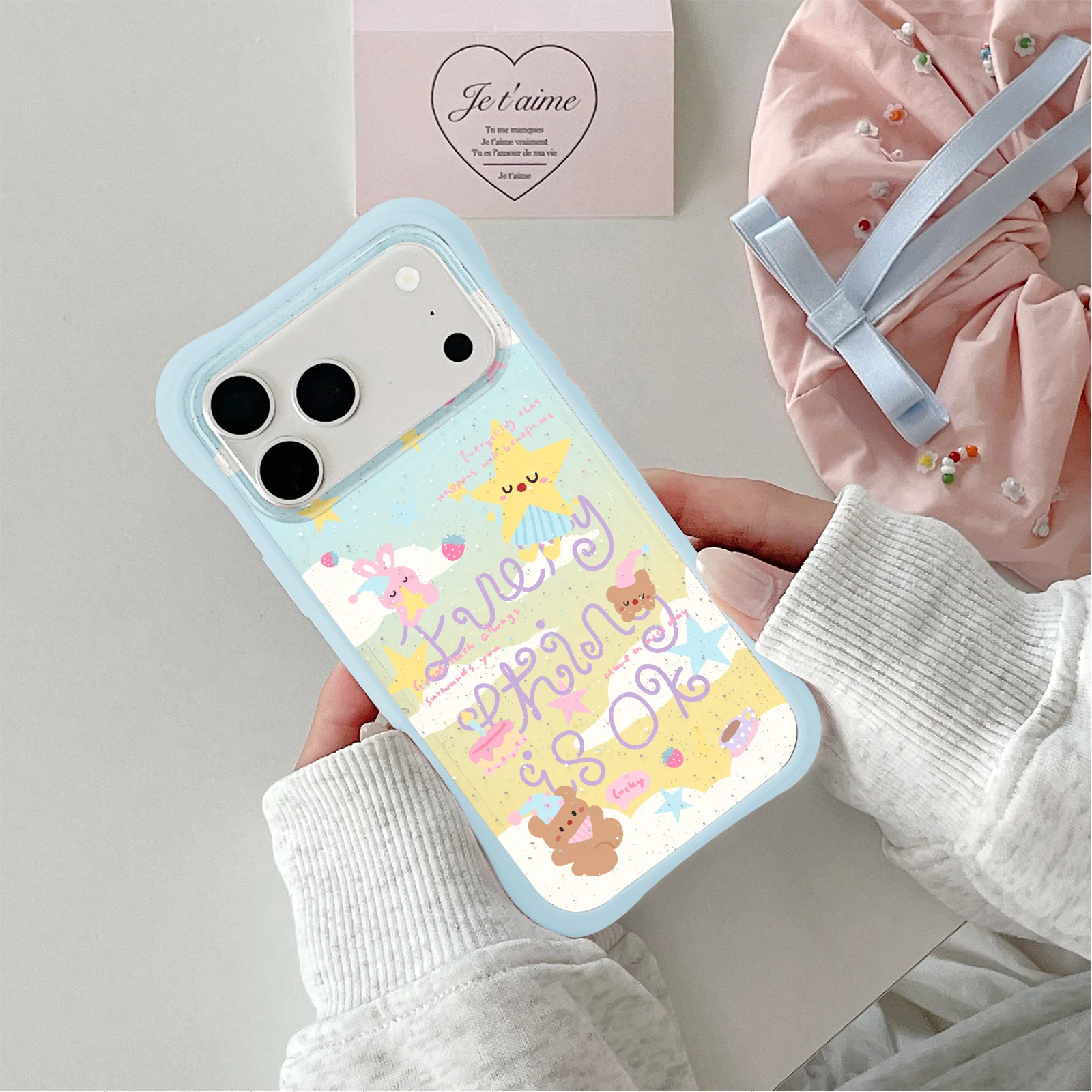 Coque miroir cœur losange Kawaii, base blanche, grille colorée, bord bleu clair, étui en TPU pour toutes les séries iPhone 13, 14, 15, 16, 17