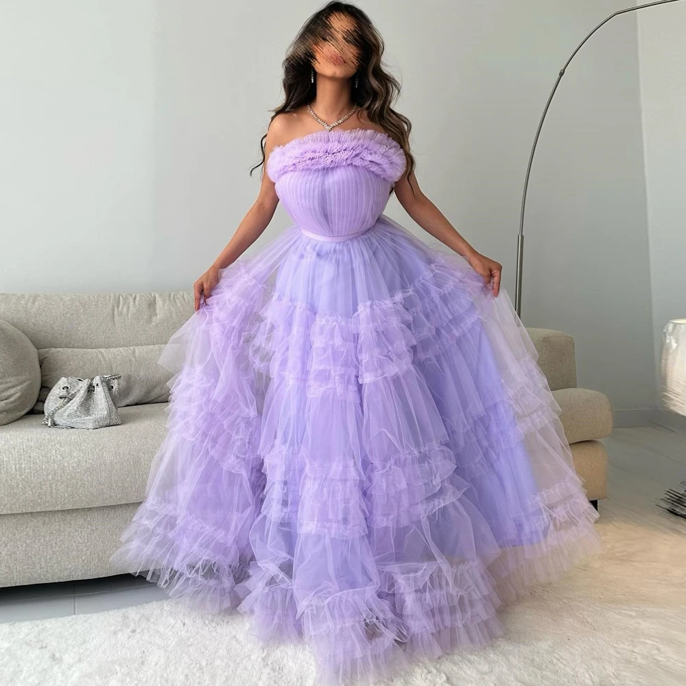 

Rosella Purple Strapless Fashion Ball Gown Ruffles Special Events Dress Floor Length Tiered Saudi Evening Dress 2023