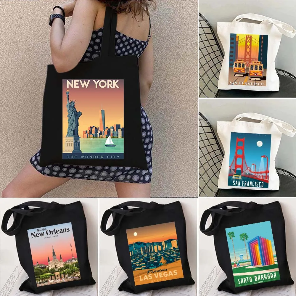 

American City Landscape Shopper Tote Bag Miami Las Vegas Orlando San Diego Seattle San Francisco New York Seattle Canvas Handbag