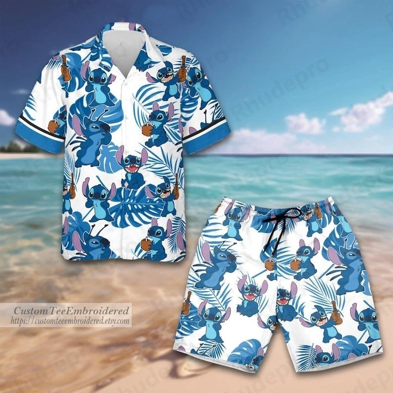 

Disney Stitch Hawaiian Shirt Button Shirt Stitch Man Shorts Suit Aloha Shirt Men And Women Cartoon Movie Shorts