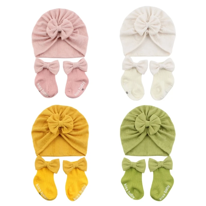 

Children Hat Socks Suit Delicate Elastic Plush Hat Bowknot Print Softable Hat Dropship