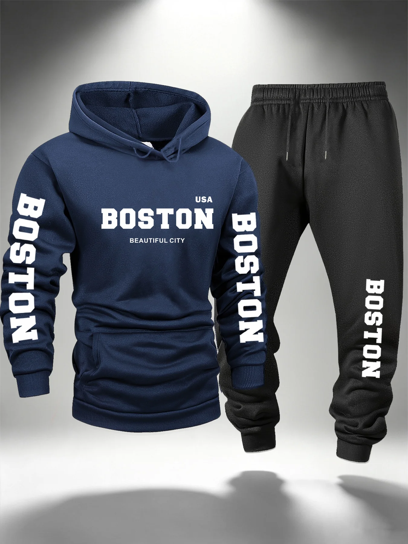 Men's Fleece-Lined Casual Sportswear Set (Autumn/Winter) – BOSTON Print – Stylish Everyday Wear – Unisex Two-Piece Set