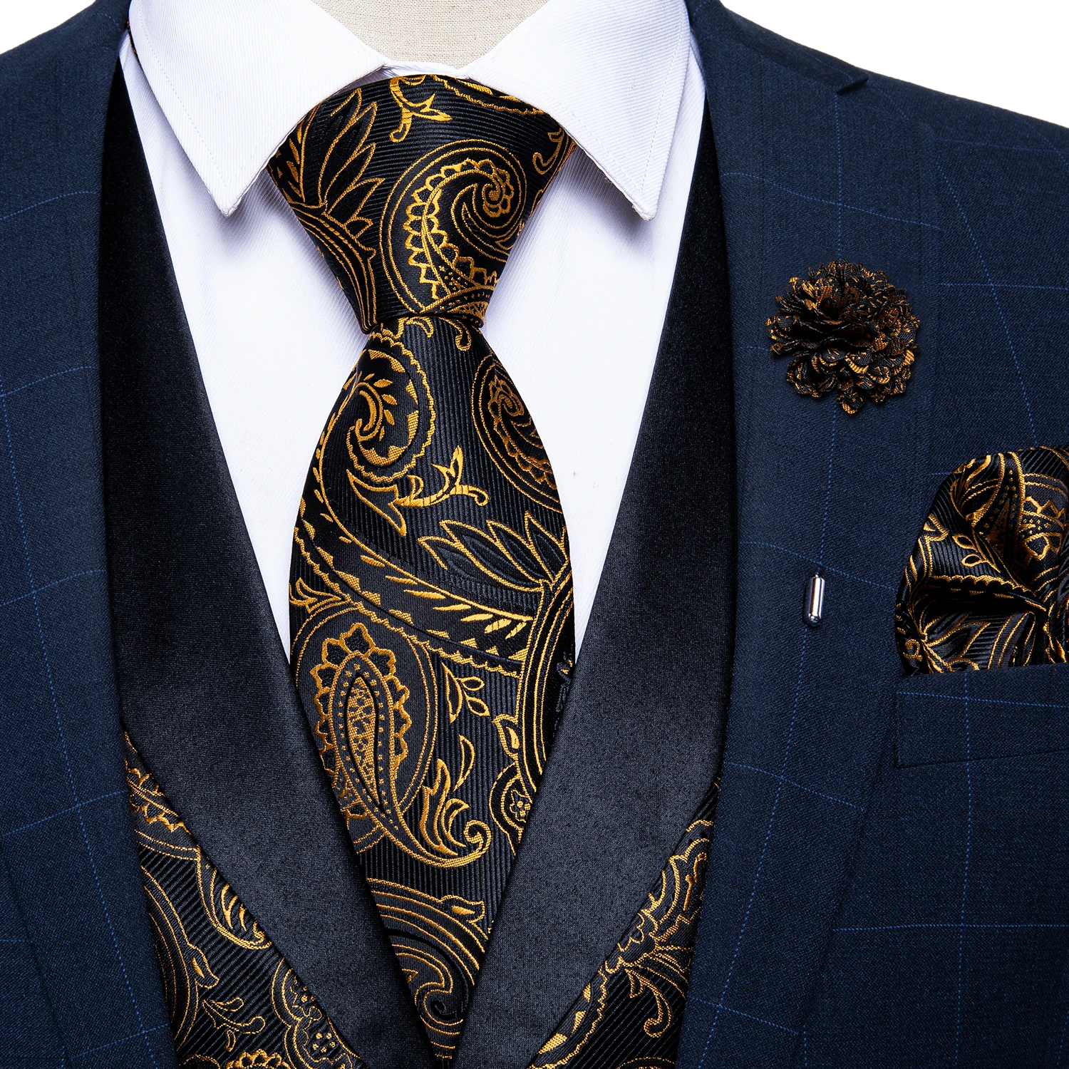 Brand Suit Vest Set For Men Luxury Silk Black Gold Paisley Dress Vest Tie Cufflinks Handkerchief Set Male Sleeveless Waistcoat