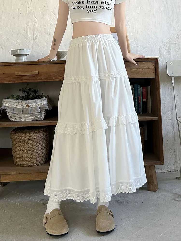 White Sweet Cake Long Skirt Women Cute Preppy Style Loose Skirts Fashion High Waist Spring Korean Casual Elegant Chic Long Skirt