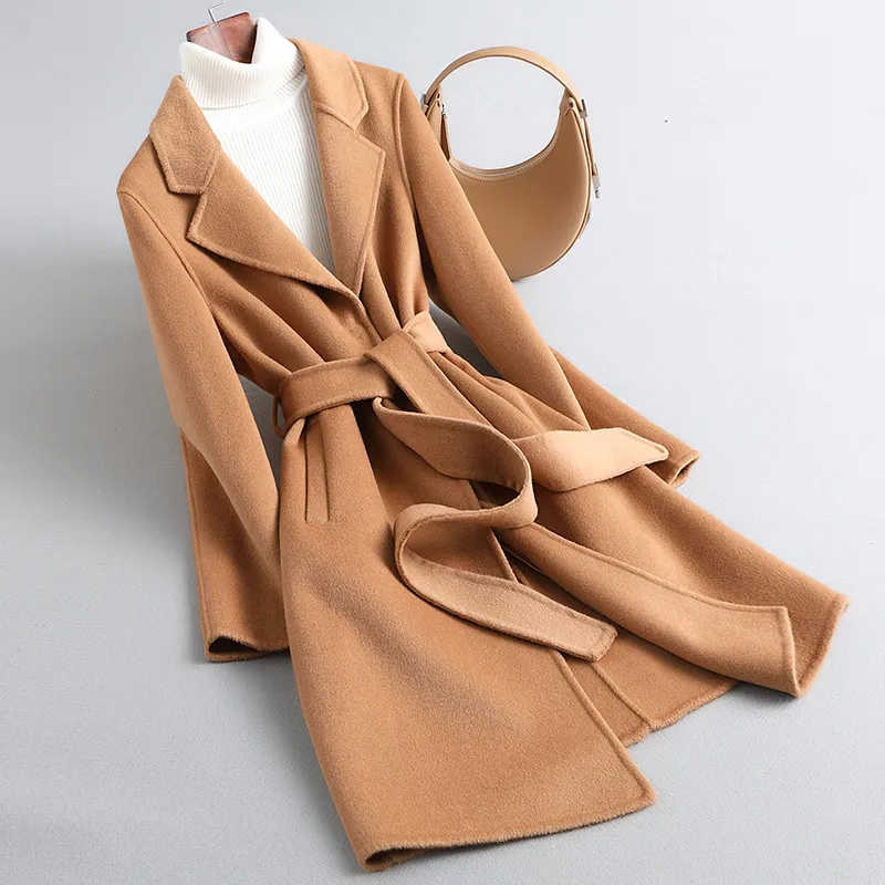 

2025 Autumn 100% Wool Coats With Belt Fashion Open Stitch Elegant Woolen Cashmere Coat Femme Black Beige Outwear Tops