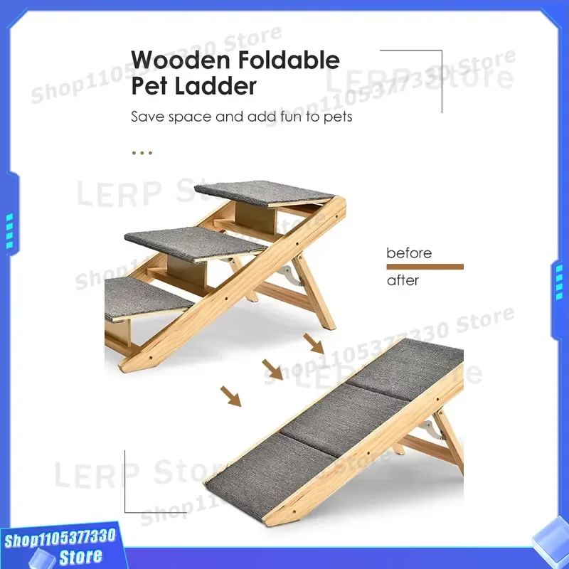 Wooden Folding Pet Ramp 3 Step Adjustable Non Slip Stairs for Cats Dogs Sofa Bed Ladder High Quality Portable Puppy Climber