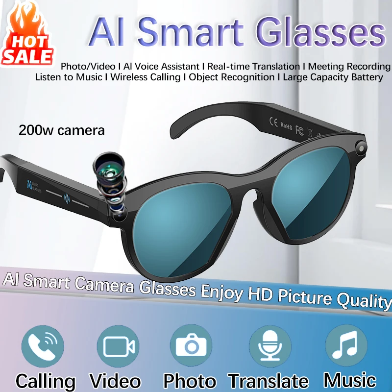 

Умные очки HD AI, фотохромные многофункциональные Bluetooth-вызовы, голосовой помощник, музыкальный плеер, переходная камера, популярные умные очки