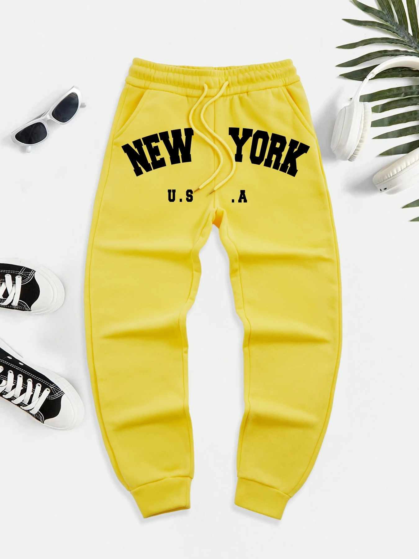 

New York City Usa Art Letter Printed Pant Men Autumn Street Britches Trendy Elastic Waist Sportpants Pocket Fleece Trousers