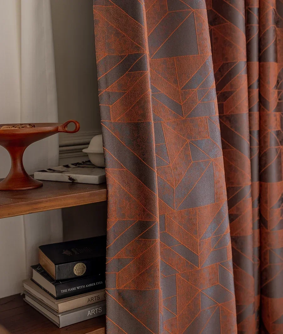 Vintage Rust Red Irregular Jacquard Thickened Blackout Sound Insulation Curtains For Living Room Bedroom French Window Balcony