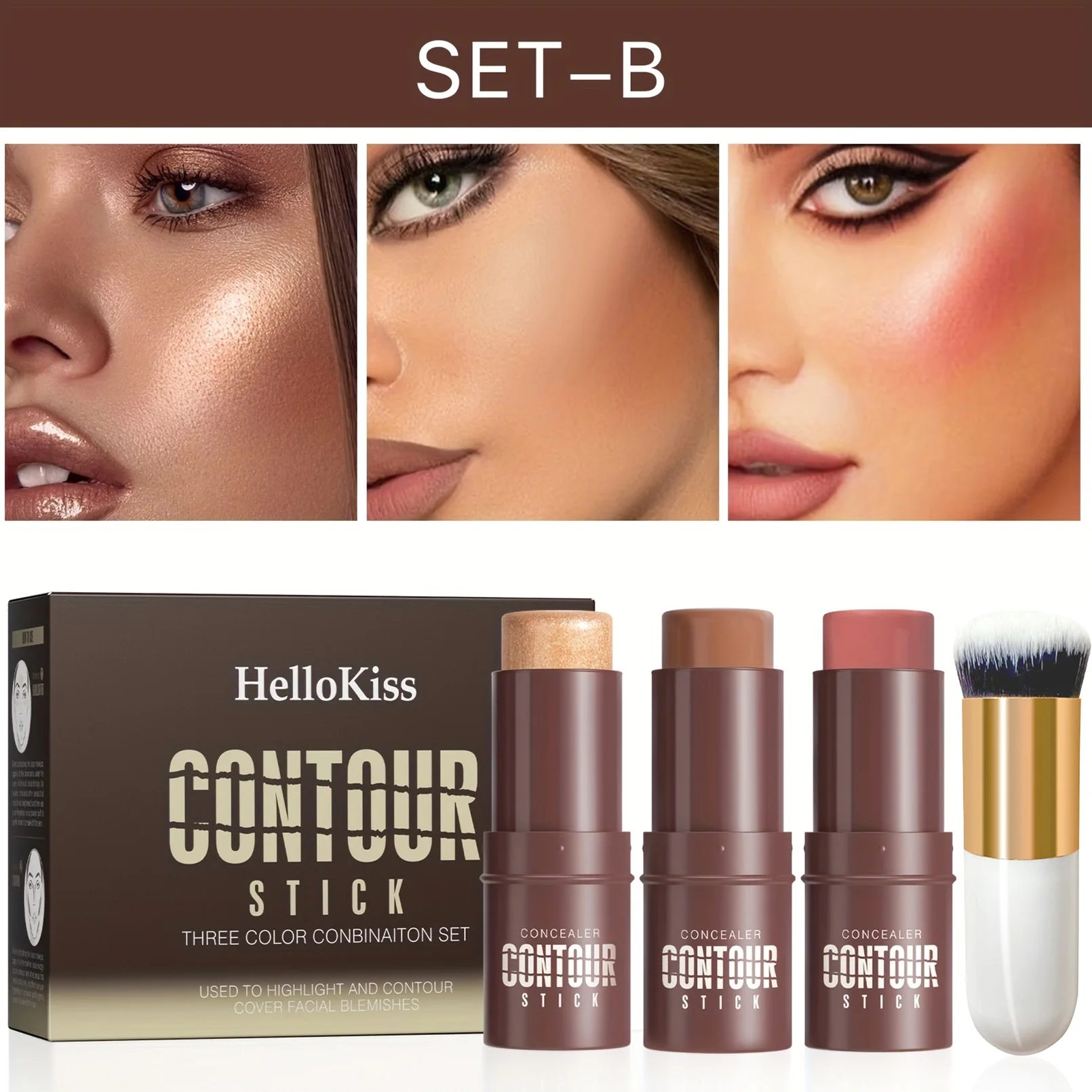 عصا كونتور، عصا أحمر الخدود، عصا هايلايتر، عصا برونزر، طقم كونتور كريمي 3 قطع مع فرشاة هدية مناسبة لعيد الميلاد