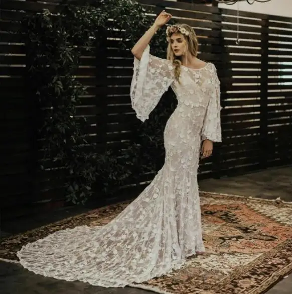 Boho Brautkleider Meerjungfrau lange Ärmel Spitze böhmischen rücken freien Brautkleid Brautkleider Vestidos de Novia