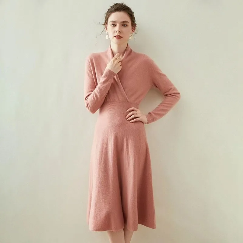 High-grade 100% Cashmere Sweater Knit Dress Winter/Autumn Women V-Neck Knitwear Female Dresses Long Style Pullover Girl Clothes