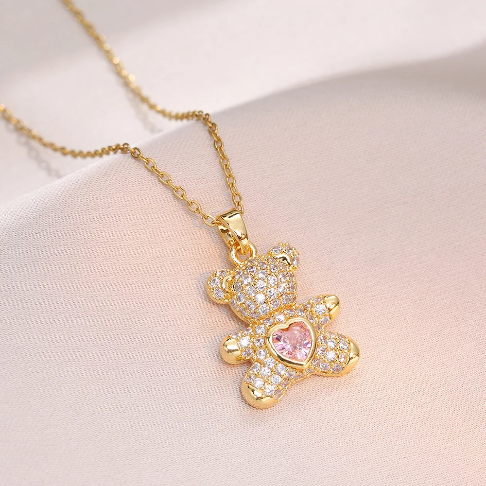 High end Cute Teddy Bear Pendant for Women, Delicate and Shiny Animal Necklace, Korean Popular Jewelry Gift for Girlfriends