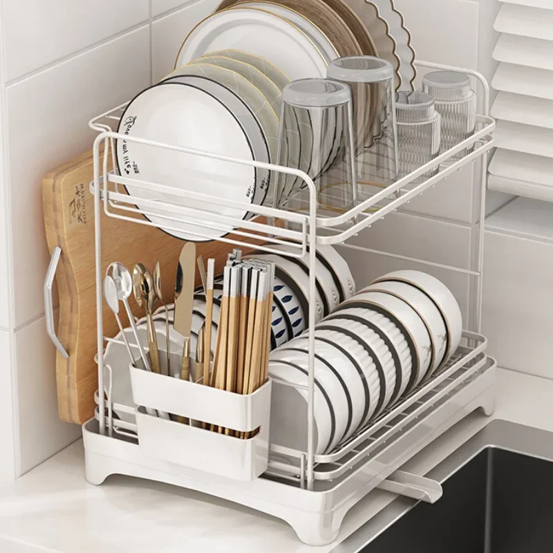 

Dish Drying Rack Kitchen Dish Drainer 2 Tier Bowl Storage Countertop Dinnerware Organizer with Drain Basket Efficient