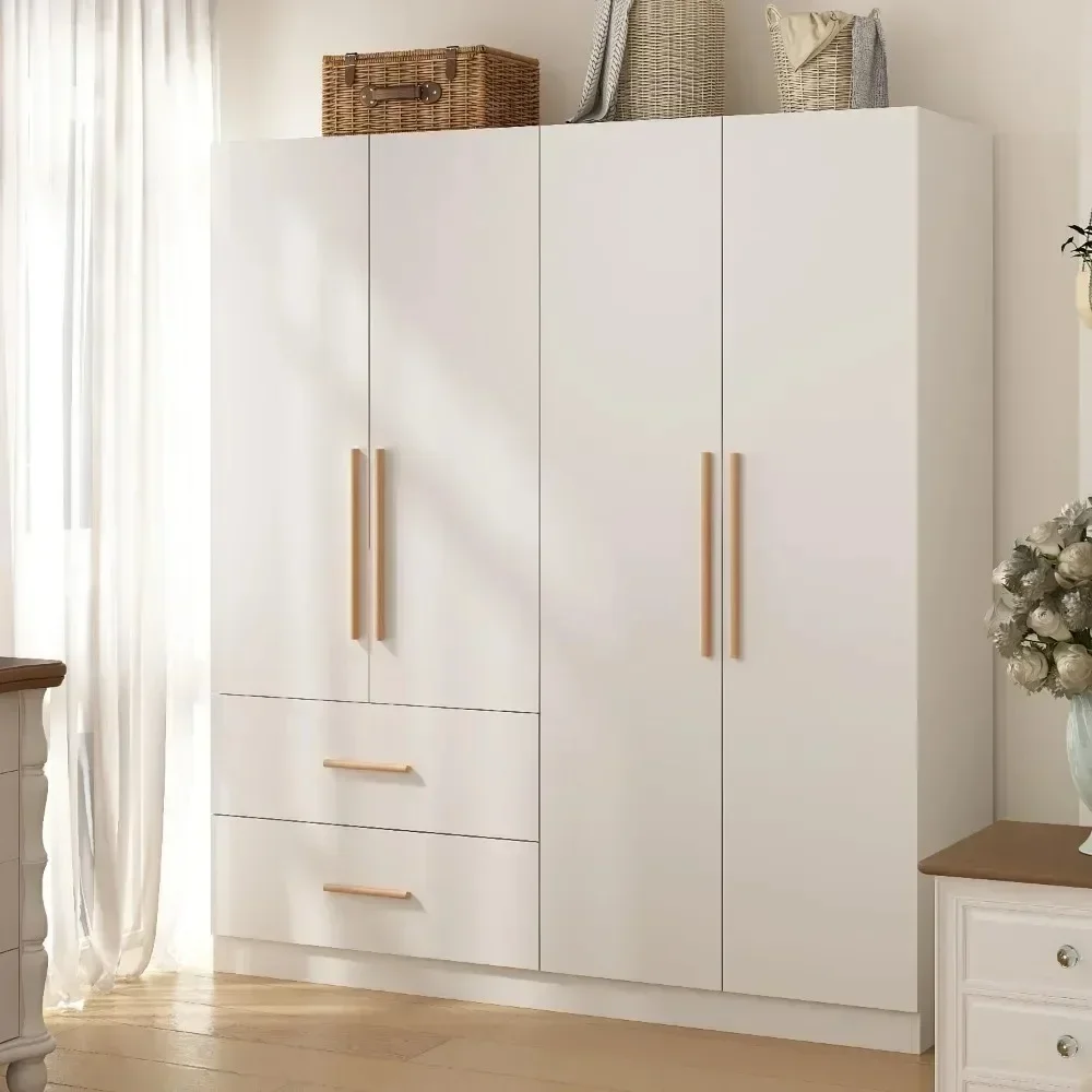 

4 Doors Wardrobe Armoire Closet with 2 Drawers for Bedroom, Wooden Wardrobe Cabinet for Hanging Clothes Organizer