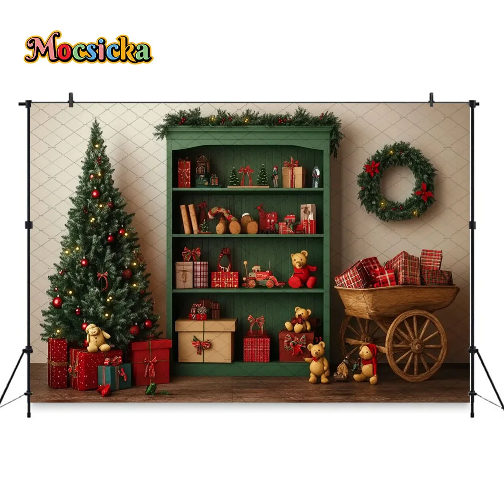 Mocsicka Green Christmas Gift Shelf Background Photography Xmas Tree Toy Bear Santa's Workshop Backdrop Winter Kids Photo Studio