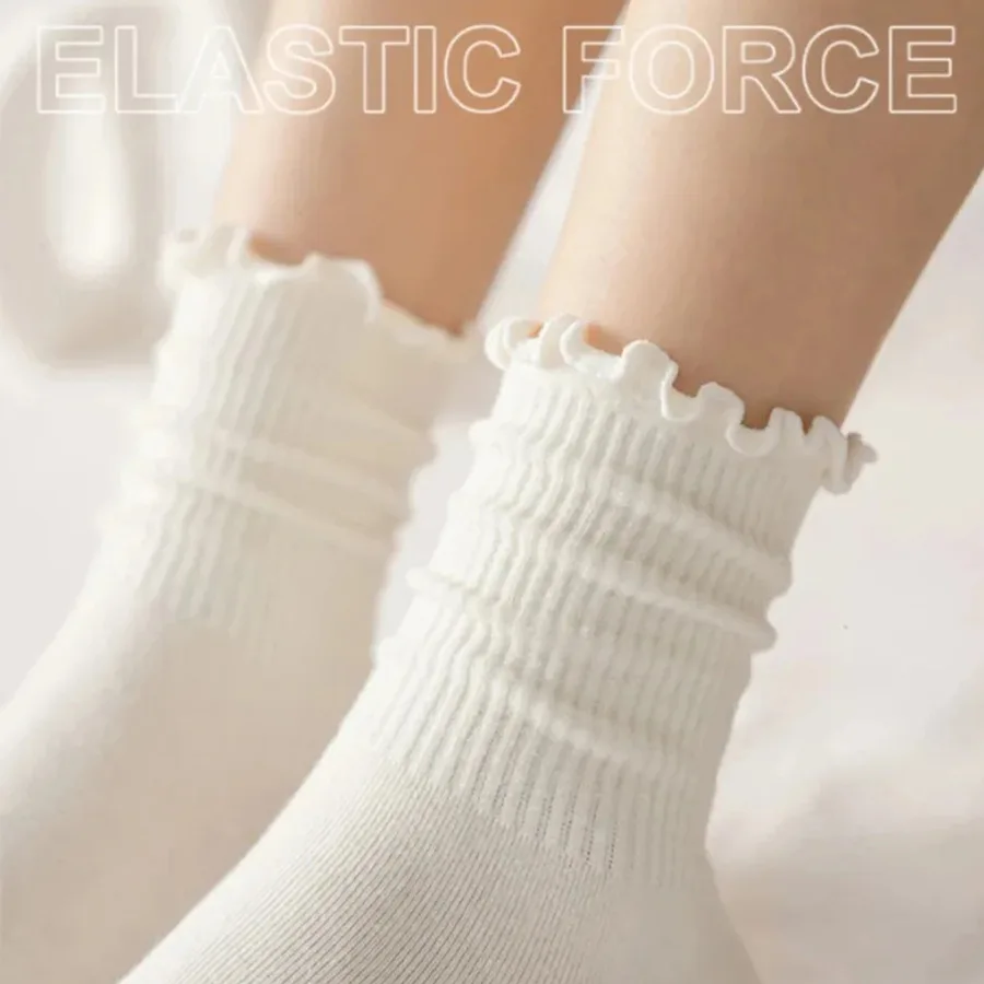 5 Pairs/batch Women's Ruffled Cotton Mid Tube Short Socks Breathable Black and White Set for Spring and Autumn