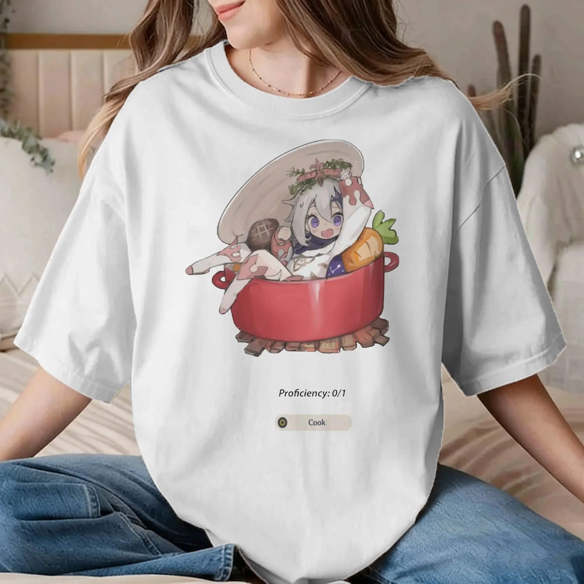 Paimon Food Men Women's T Shirts Genshin Impact Anime Game Leisure Tees Short Sleeve Crewneck T-Shirts Cotton Plus Size Clothes