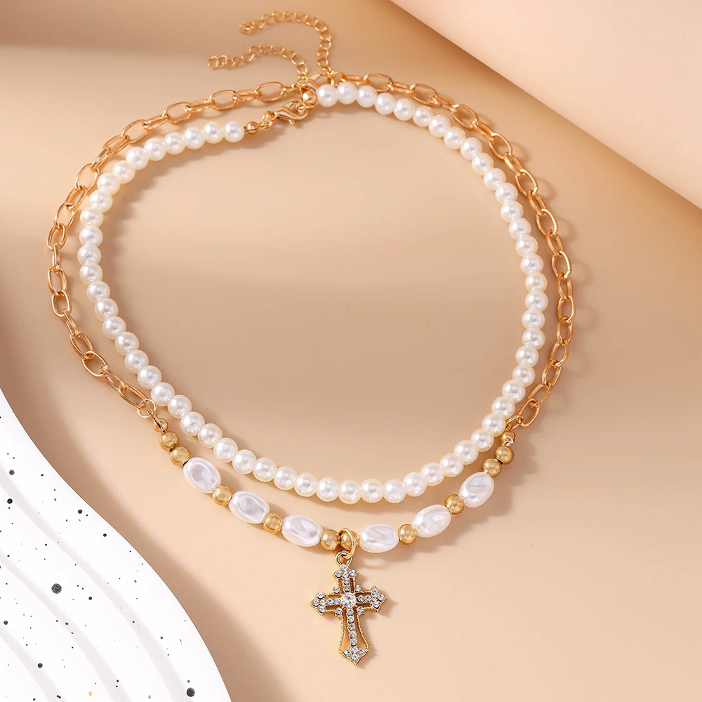 Aihua Y2K Damen Perlen-Zirkon-Kreuz-Anhänger Halskette für Damen Mädchen Mode Party Trendiger Schmuck Geschenke – Detail 4