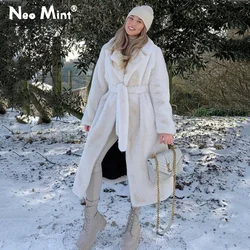 Cappotti lunghi invernali di lusso donna oversize risvolto con cintura cappotto di pelliccia di coniglio finto giacca femminile Plus Size capispalla cappotti di pelliccia di peluche