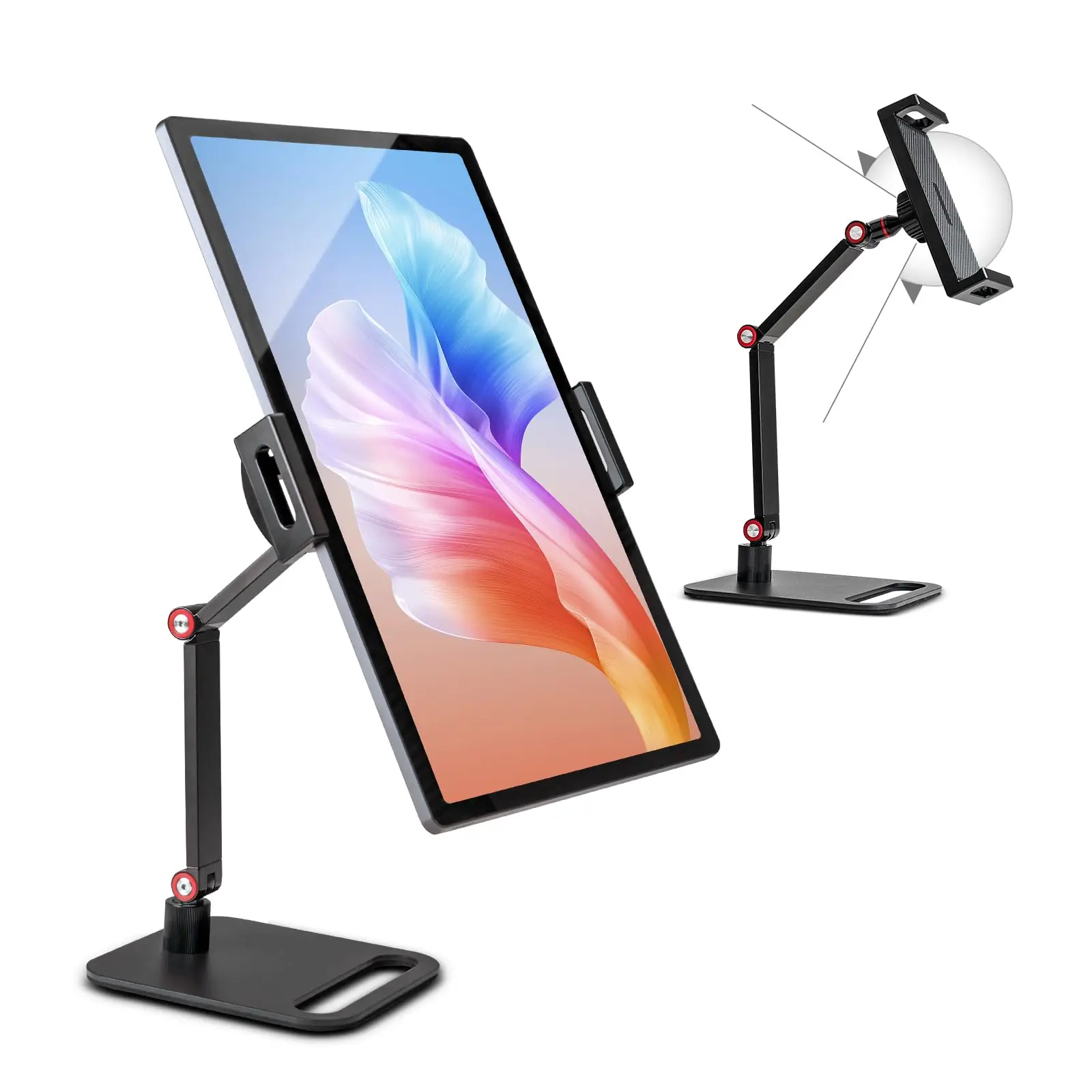 

Tablet stand with 2 adjustable arms and 360° swivel functionDesktop mobile phone holder, foldable stand for iPad iPhone tablets.