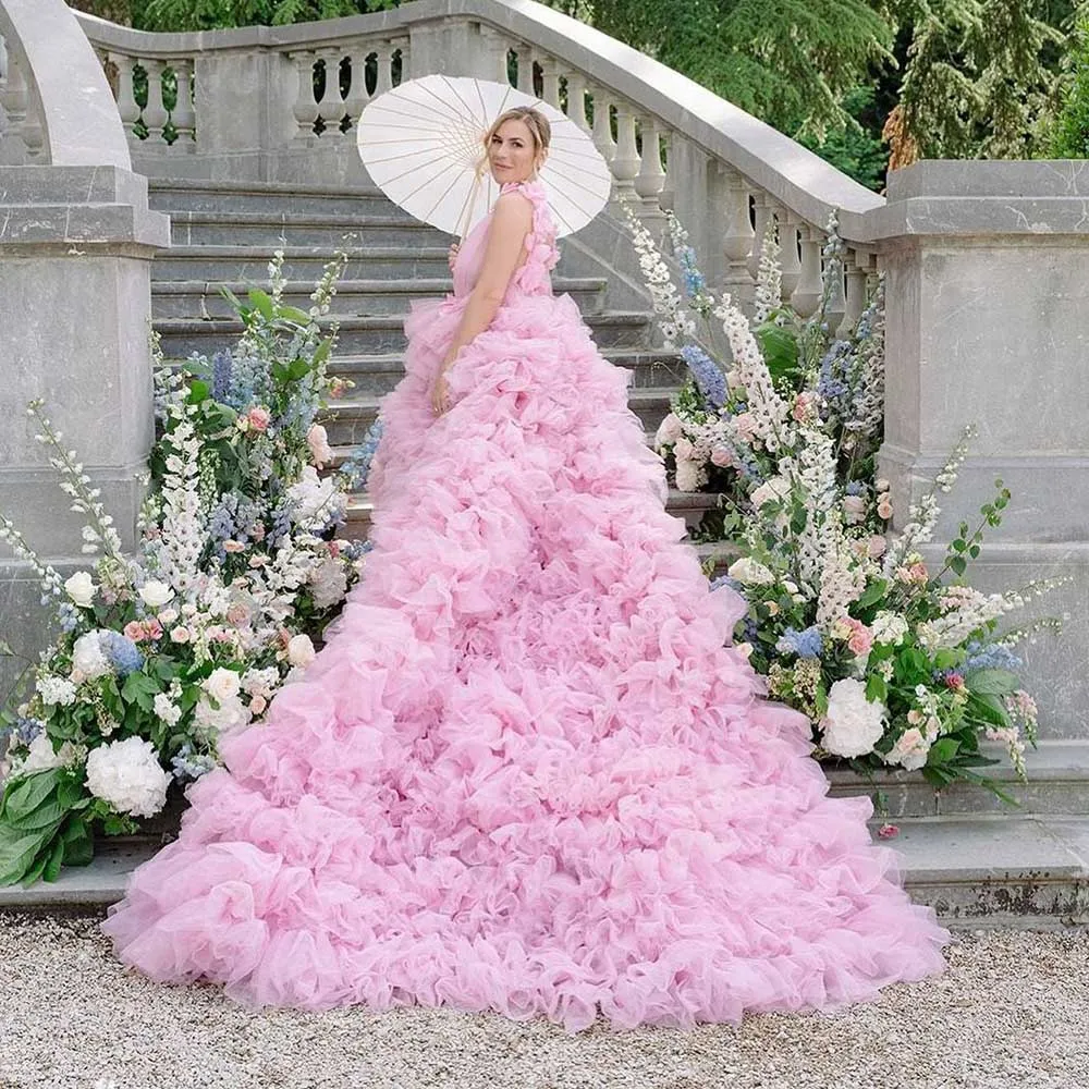 Romântico Rosa Fluffy Tulle Vestido De Noiva, Decote Em V Profundo, Ruffles Em Camadas, Noiva De Casamento, Photoshoot, Vestidos De Festa De Baile Personalizados