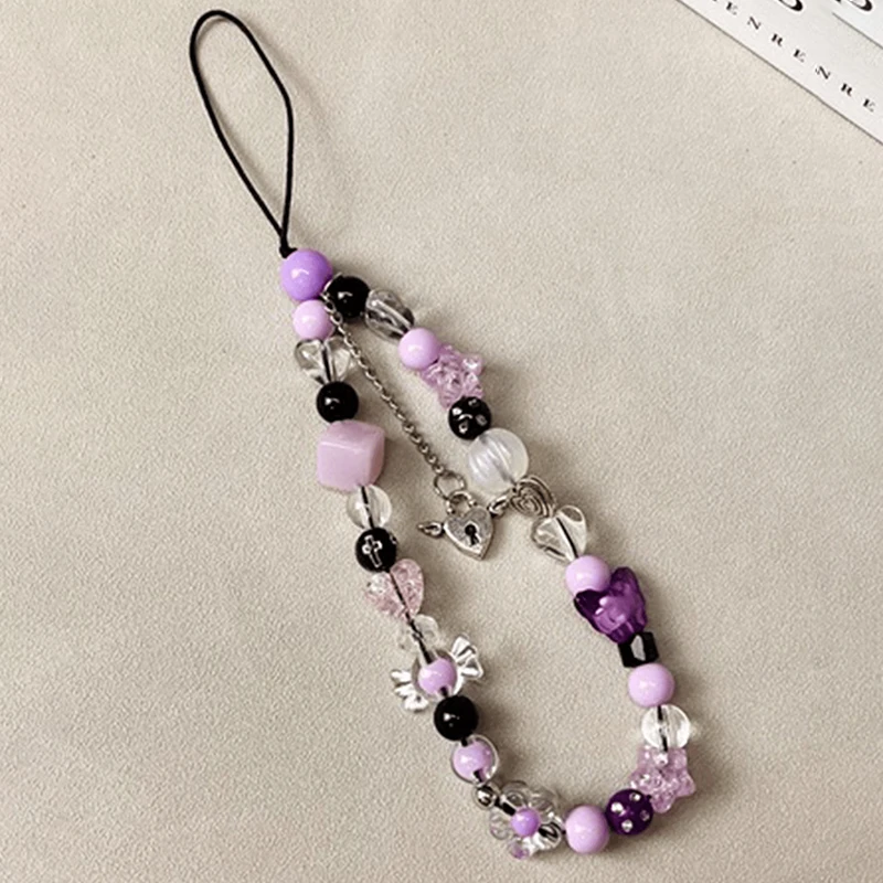 Korea Purple Beaded Flower Candy Butterfly Bracelet Phone Chain Pendant For iPhone Universal Accessories Chain Stylish Jewelry