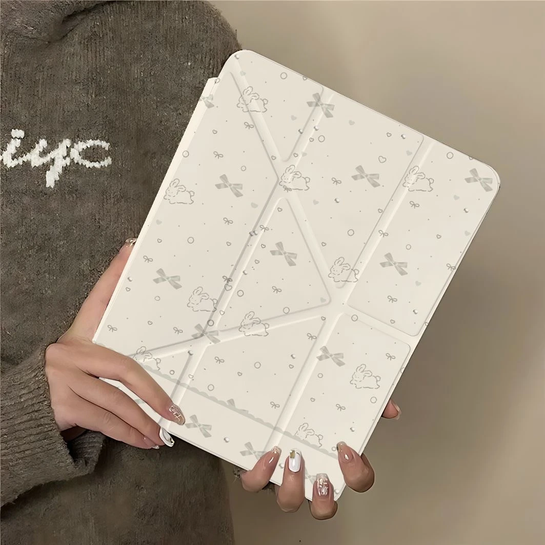 Cute Lace Rabbit Bow Love Y2K Y-Fold Tablet Case For iPad Pro 11 12.9 13 A16 M2 M4 M3 M5 5/6/7/8/9/10/11th Mini Air 3 4 5 Cover