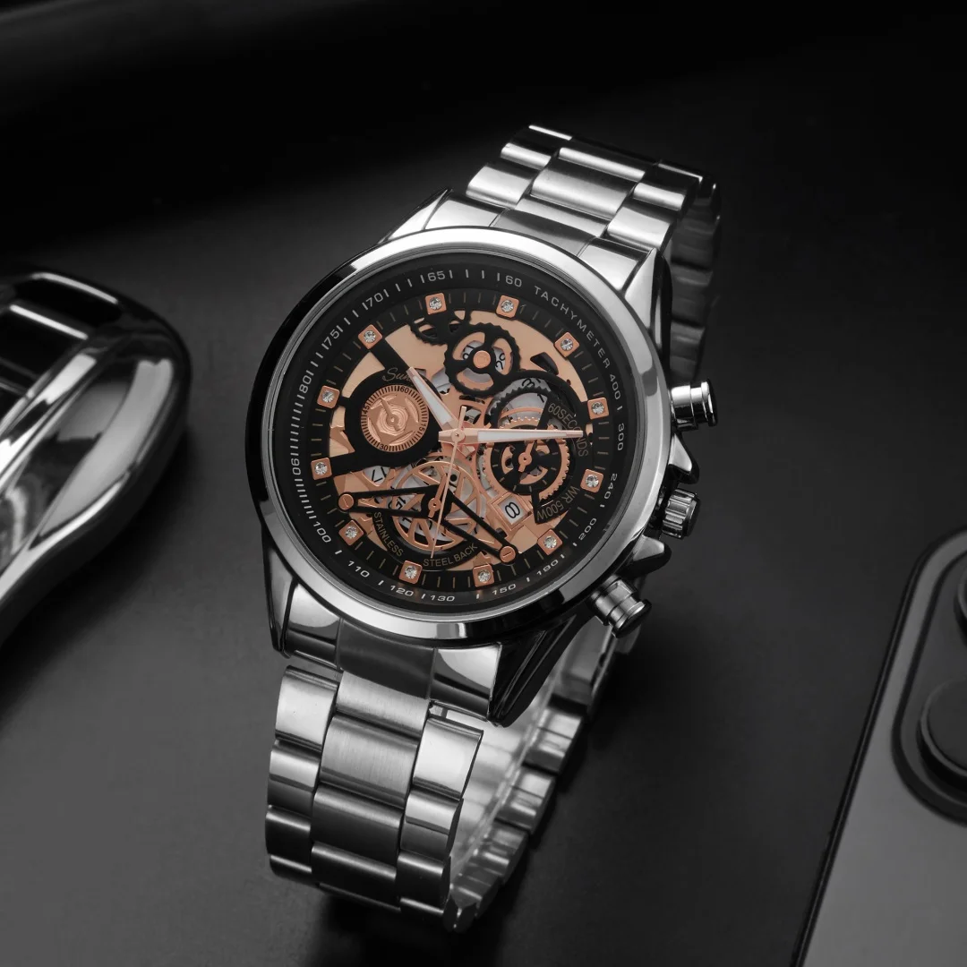 ساعات كوارتز رجالية فاخرة الفولاذ المقاوم للصدأ تاريخ رجال الأعمال ساعة اليد الجوف الرياضة رجل ساعة الذكور ساعة Relogio Masculino
