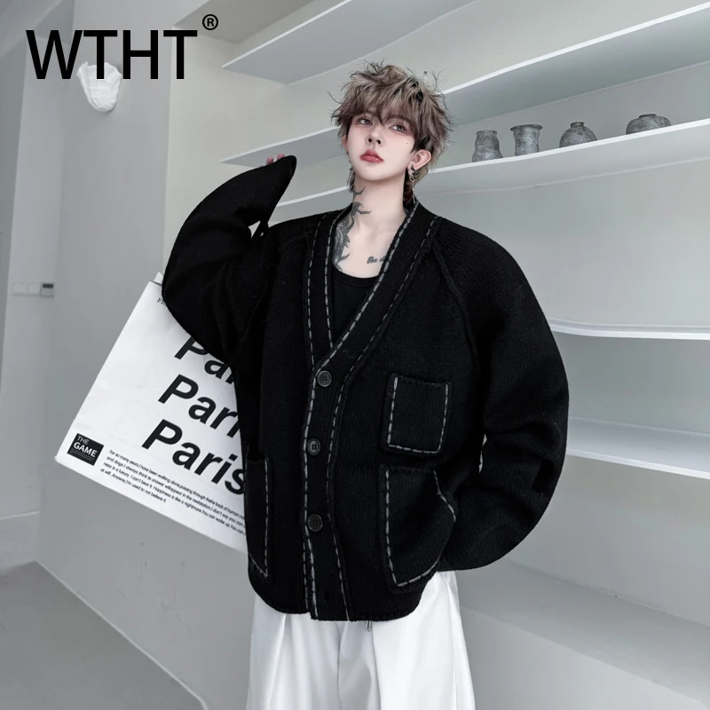 

WTHT модный мужской свободный вязаный свитер со сращенными карманами, модные новые пальто с v-образным вырезом и длинными рукавами, мужской осень 2021, 2A2079