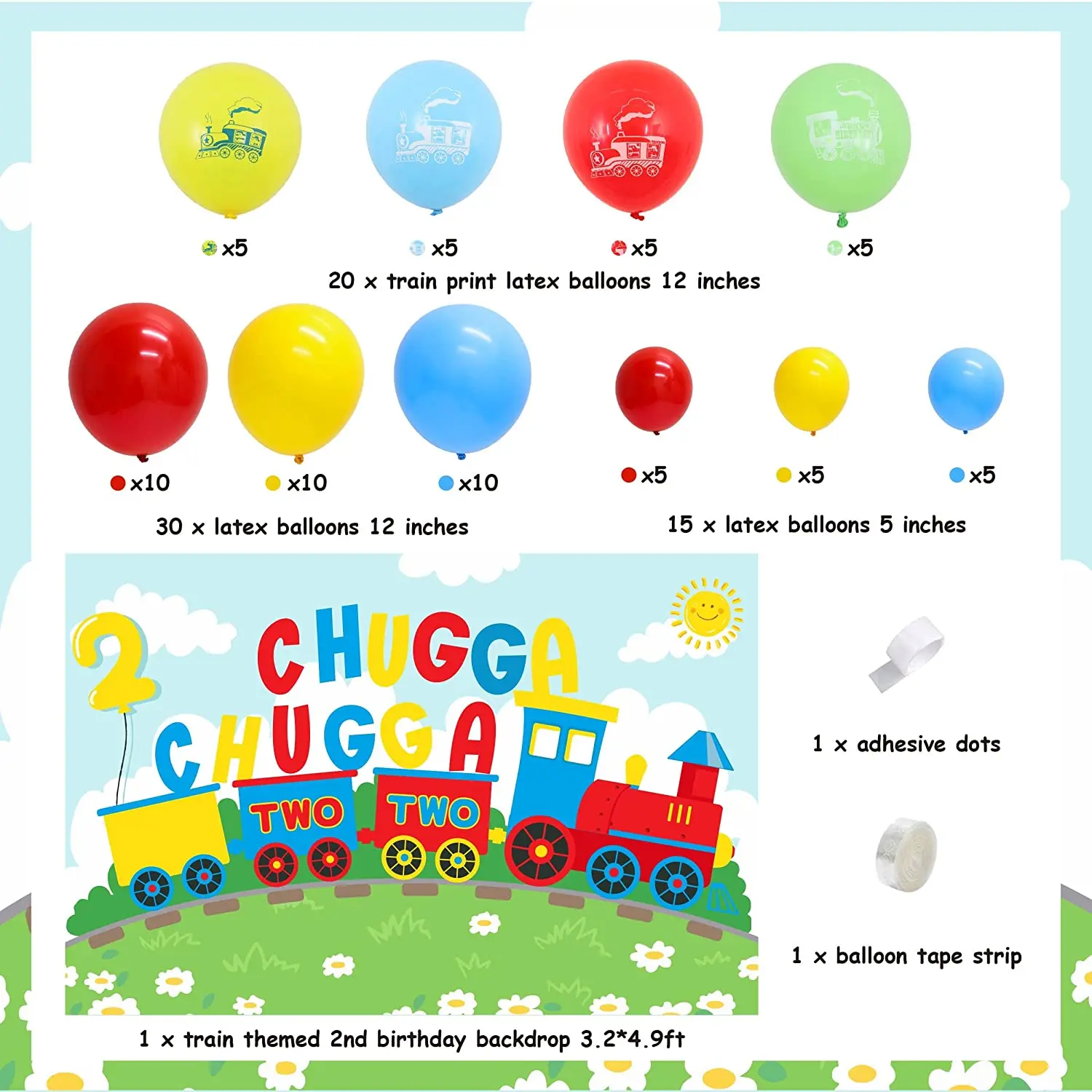 Balloon Garland Kit, Sursurprise Train 2nd Birthday Party Decorations, Chugga Two Backdrop, Colorful Balloon, Second Birthday Pa