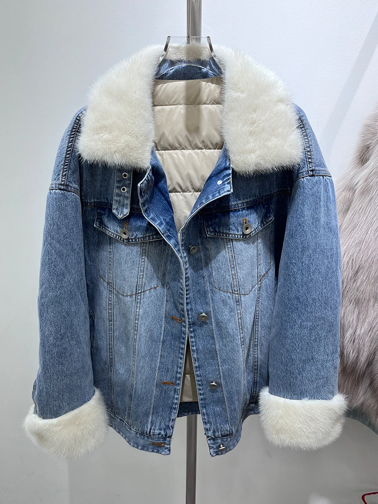 

2023 New Winter Women's Luxury Female Natural Real Mink Fur Collar Coats Goose Down Jacket Denim Jacket Outwear