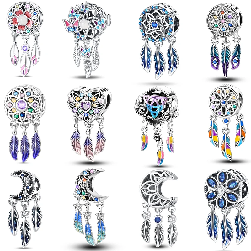 925 Silver Crescent Circular Dreamcatcher สุทธิ Lucky Blessing Series Charms ลูกปัด Fit Pan สร้อยข้อมือเดิม DIY เครื่องประดับ