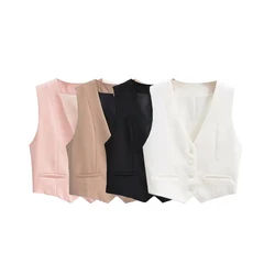 Women Fashion Front Buttons Cropped Waistcoat Vintage V Neck Sleeveless Female Outerwear Chic Tops