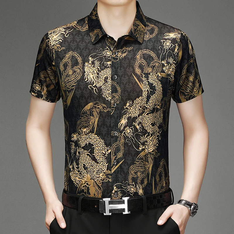 

Dragon 3D Digital Print Silky Shirts For Men Short Sleeve Casual Summer Icy Quality Soft Comfortable Easy Care Camisas De Hombre