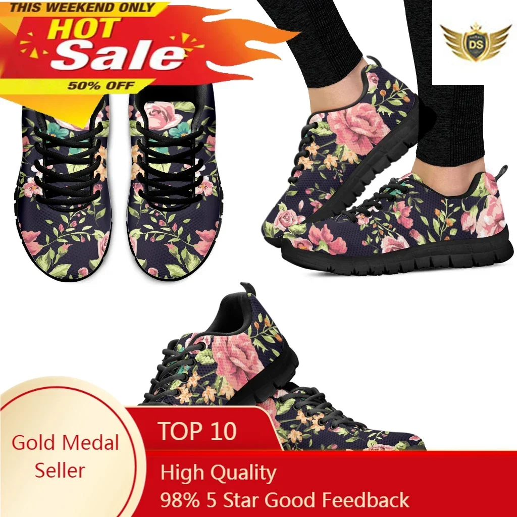 

Fashion Hibiscus Design Black Platform Shoes Light Lace Up Summer Breathable Shoes Comfortable Sneakers Casaul Shoes