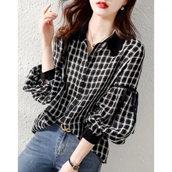 Moda lapela impresso drawstring lanterna manga xadrez camisa roupas femininas 2022 outono novo solto casual tops blusa coreana