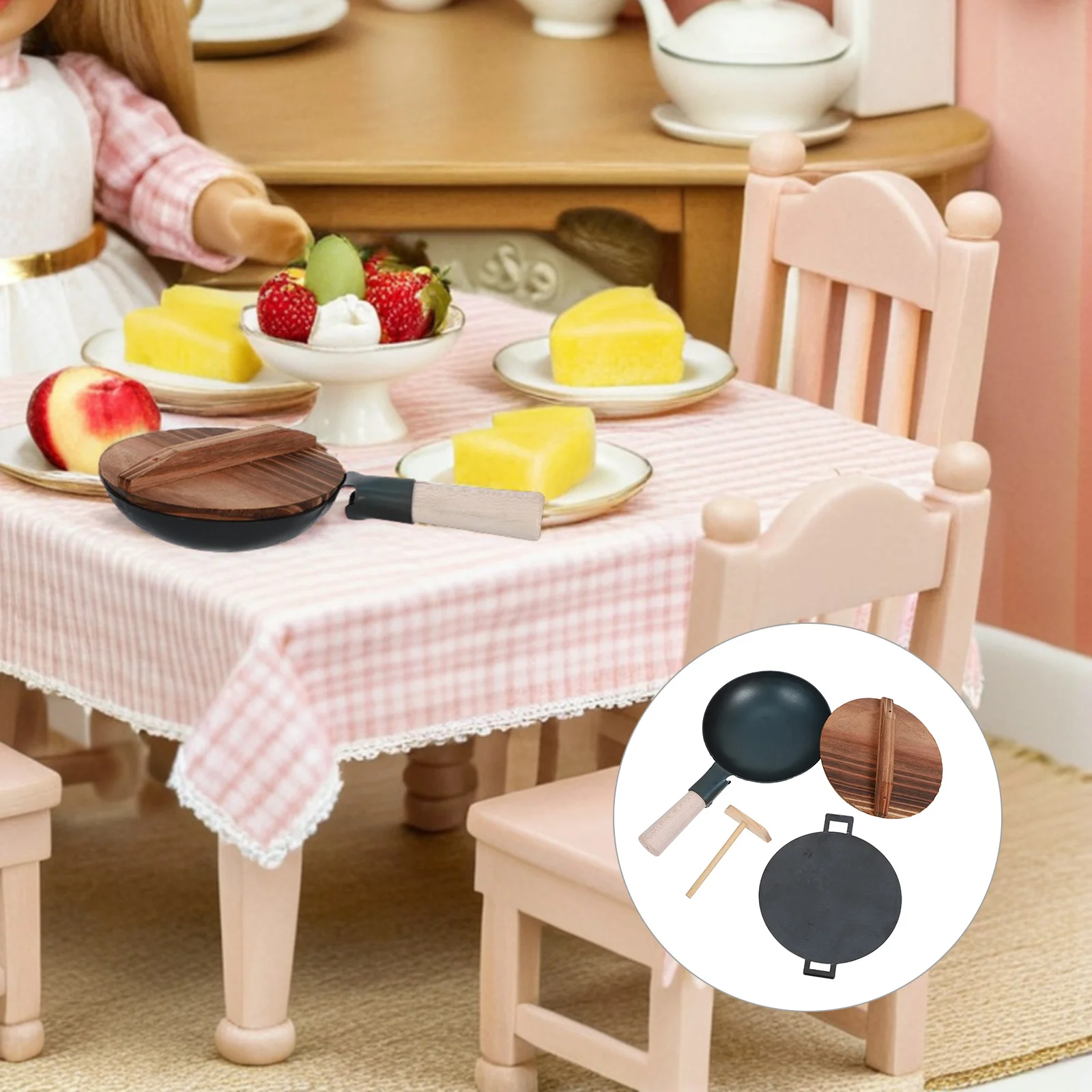 

1Set Kids Kitchen Pretend Play Accessories Realistic Frying Pan Wooden Lid Simulation Cooking Set for Imaginative Roleplay