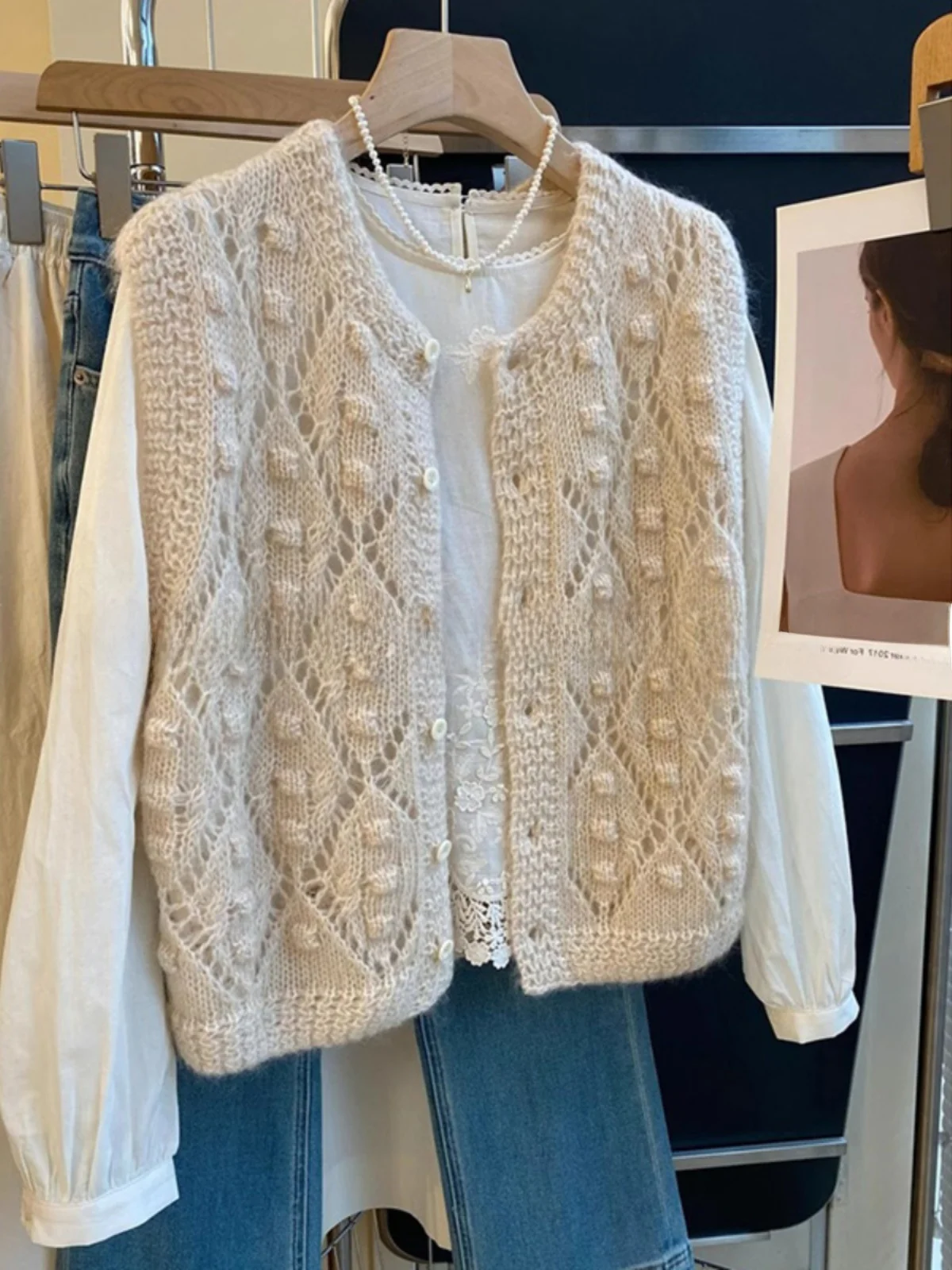 Women's Hollow out Camere Sweater Vest Open Cardigan Outerwear Layering ort Sle round Ne Single Button Spring New