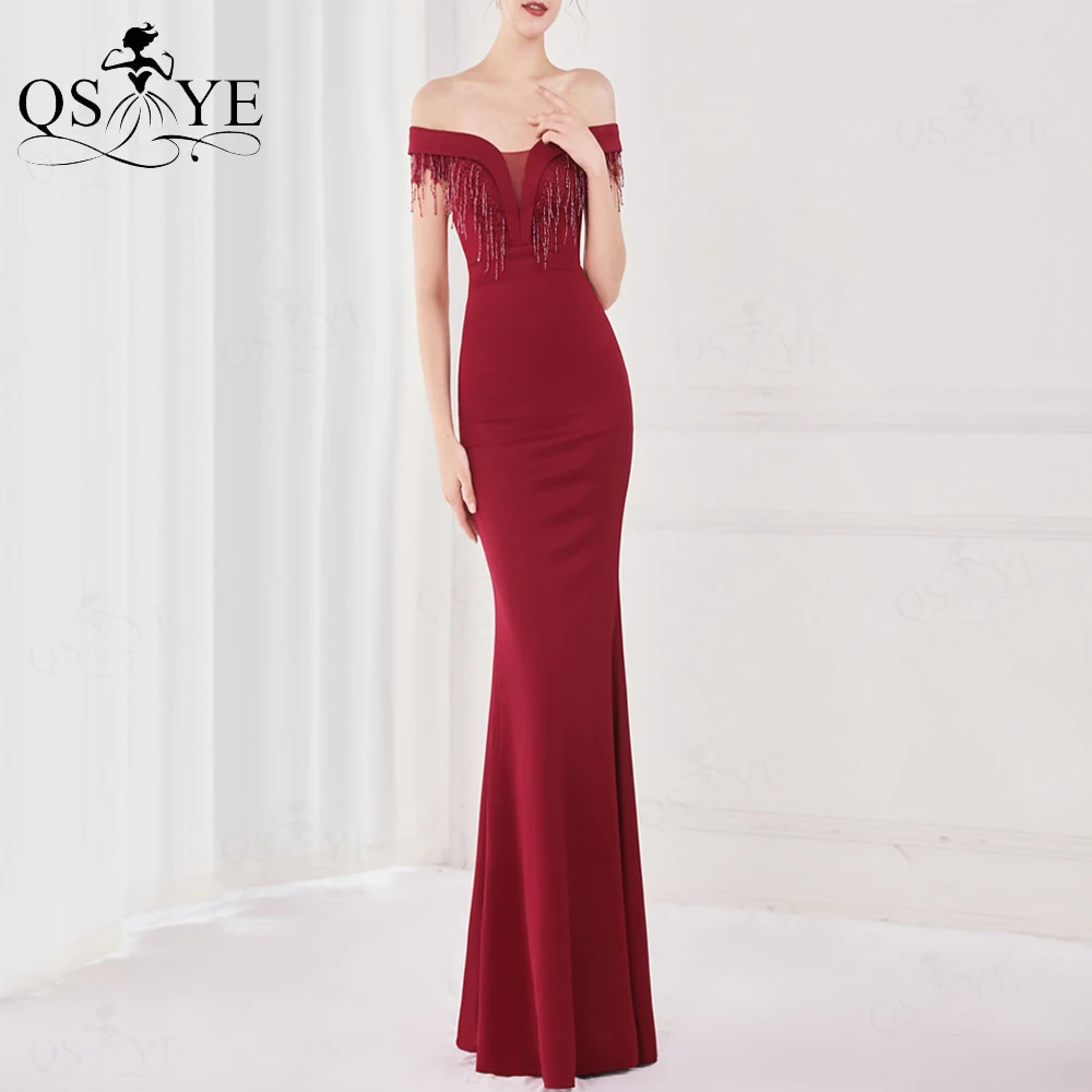 

Beading Bodice Burgundy Evening Dress Off Shoulder Mermaid Prom Party Side Sleeves Straps Appliques Elegant Women Formal Dress