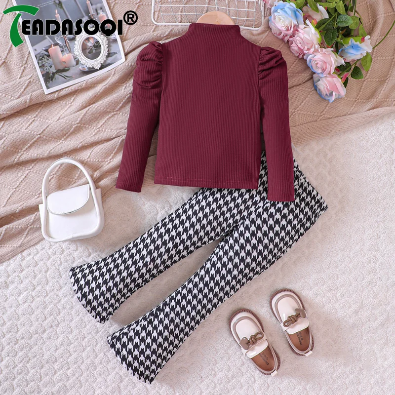 5-10Y Autumn Winter Kids Girls Outfits Sets 2Pcs Knitted Long Sleeve Top+Thousand Bird Plaid Flared Pants Bottoms Children Suits