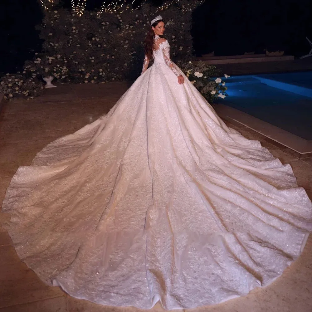 Luxus Ballkleid Hochzeit Kleid Volle Ärmel Hohe Kragen Hohe Qualität Perlen Applikationen Brautkleid Vestido De Noiva Angepasst