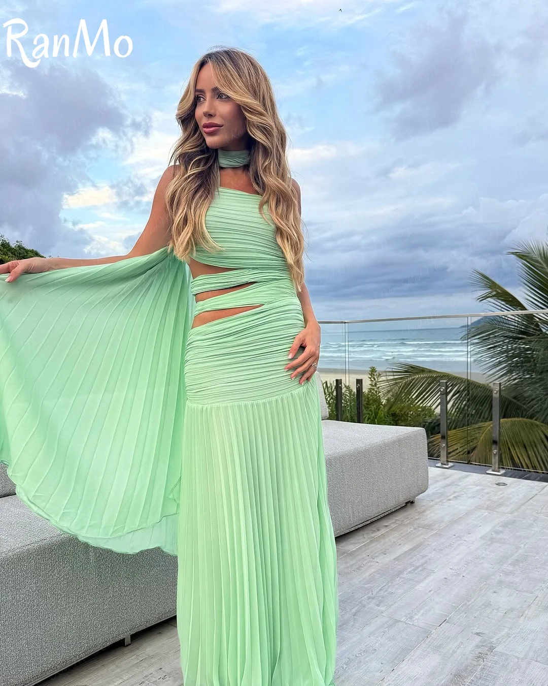Ranmo Длинные шифоновые вечерние платья по индивидуальному заказу с лентой трапециевидной формы с лямкой на шее и плиссировкой длиной до пола فساتين السهرة Платье для выпускного вечера для женщин