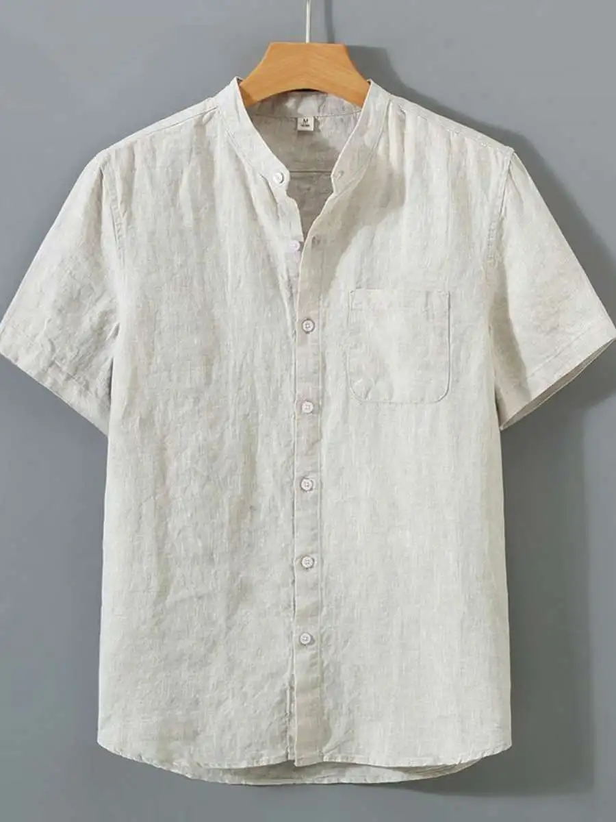 New Men's Linen Shirt Short Sleeve Summer Thin Casual Loose Fit Pure Color Vintage Style Breathable Lightweight Clothing